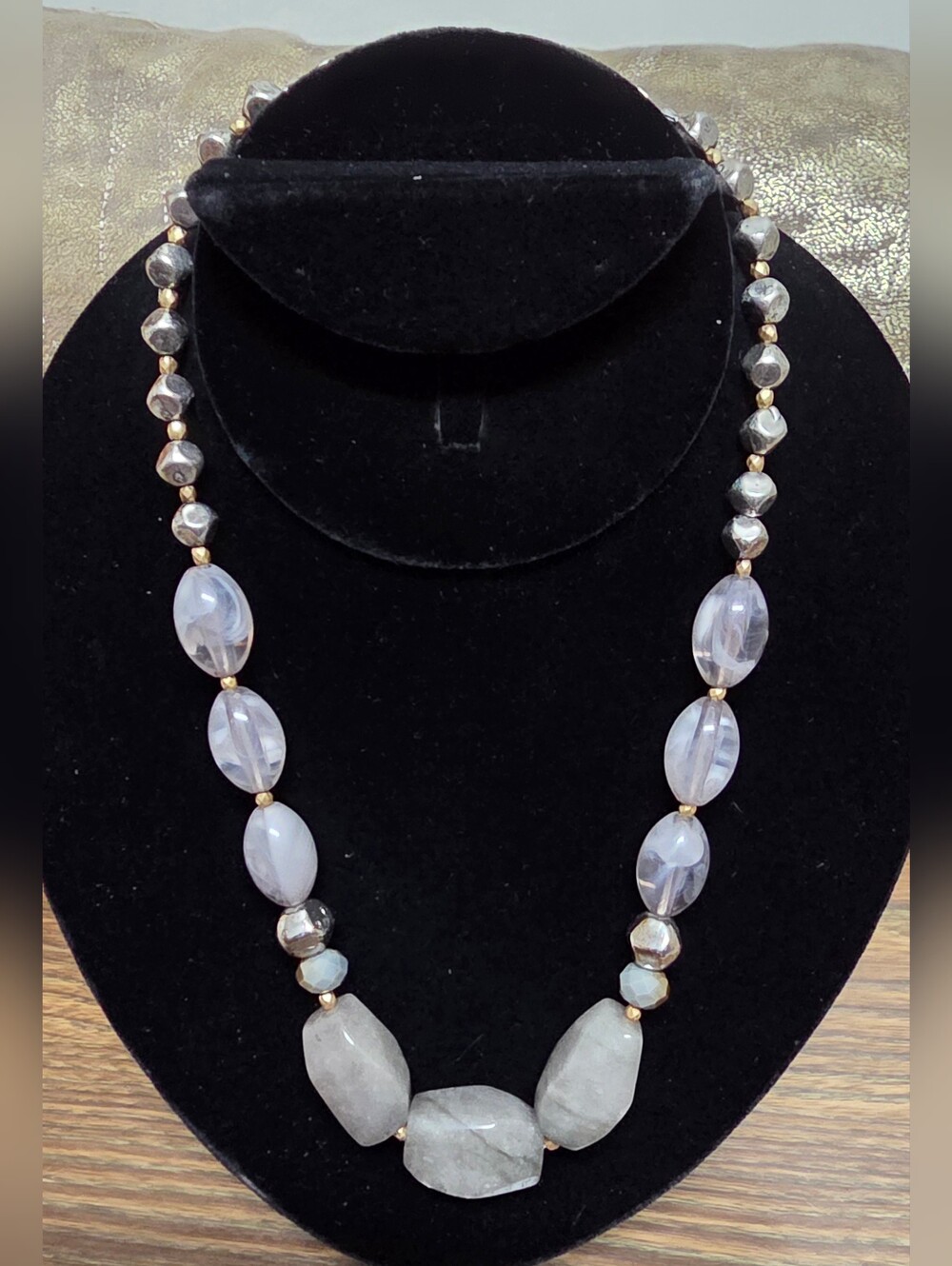 Gray and Lavender Faceted Stone Beaded Statement Necklace with Gold Accents